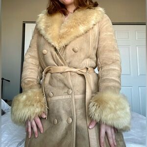Penny Lane French Shearling Fur Vintage Suede Trench Coat with Leather Belt